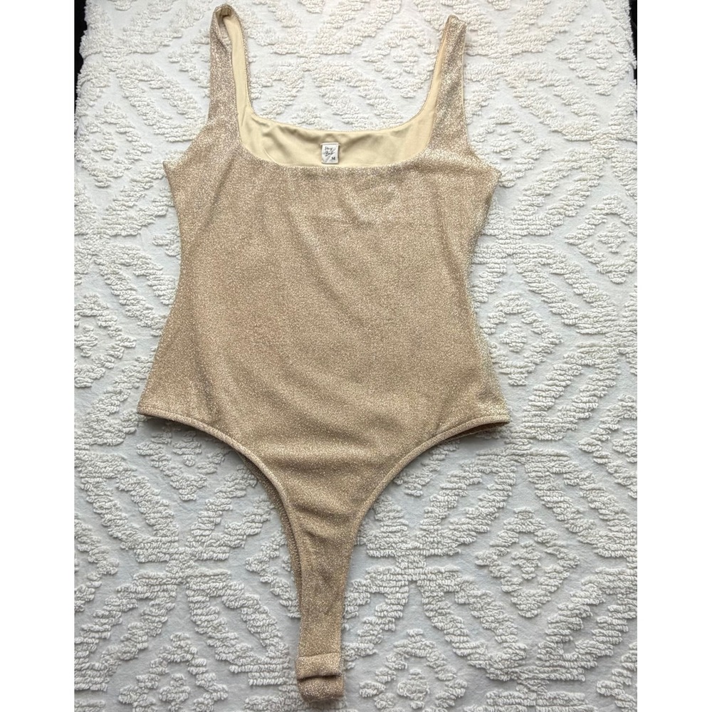Hey Babe Metallic Shimmer Bodysuit Gold M Sleeveless Square Neck Party Rave Glam